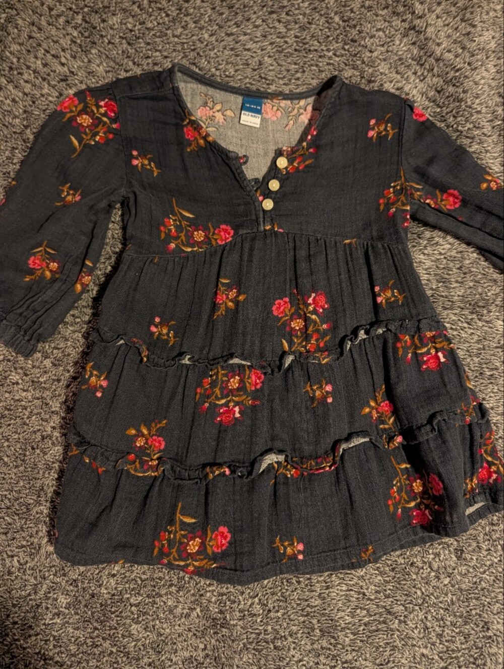 Old Navy Navy Blue Floral Tiered Dress with Pink Blooms, 18-24 Months